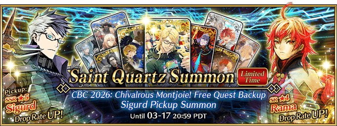 Chaldea Boys Collection (CBC) 2026: Chivalrous Montjoie! Free Quest Backup Sigurd Pickup Summon
